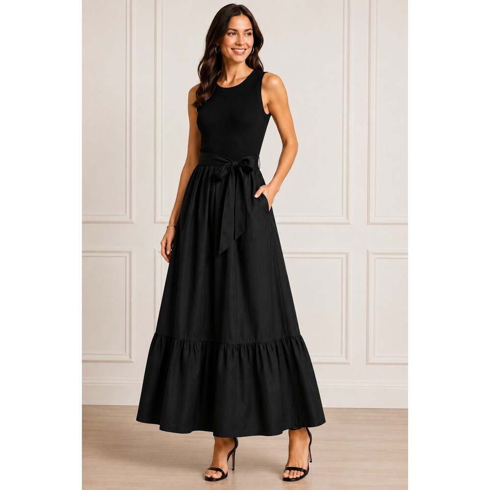 Isaac Mizrahi New York Womens L Black Ribbed Knit Tie Waist Midi Dress NWT